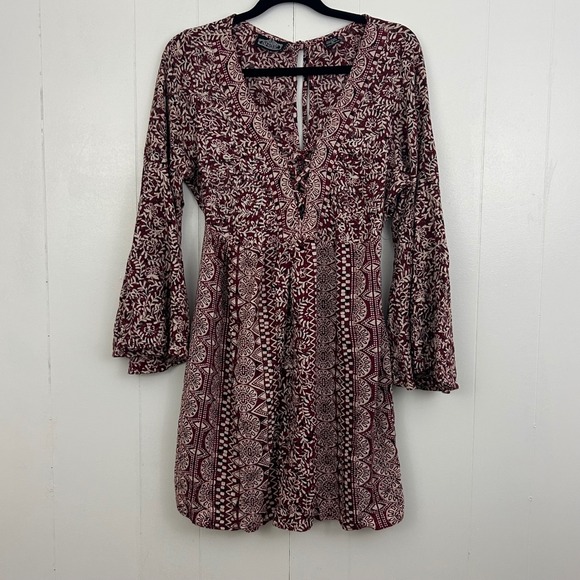Angie Dresses & Skirts - Angie Womens Burgundy Paisley Bell Sleeve Lace Up Mini Dress Small Boho Rayon